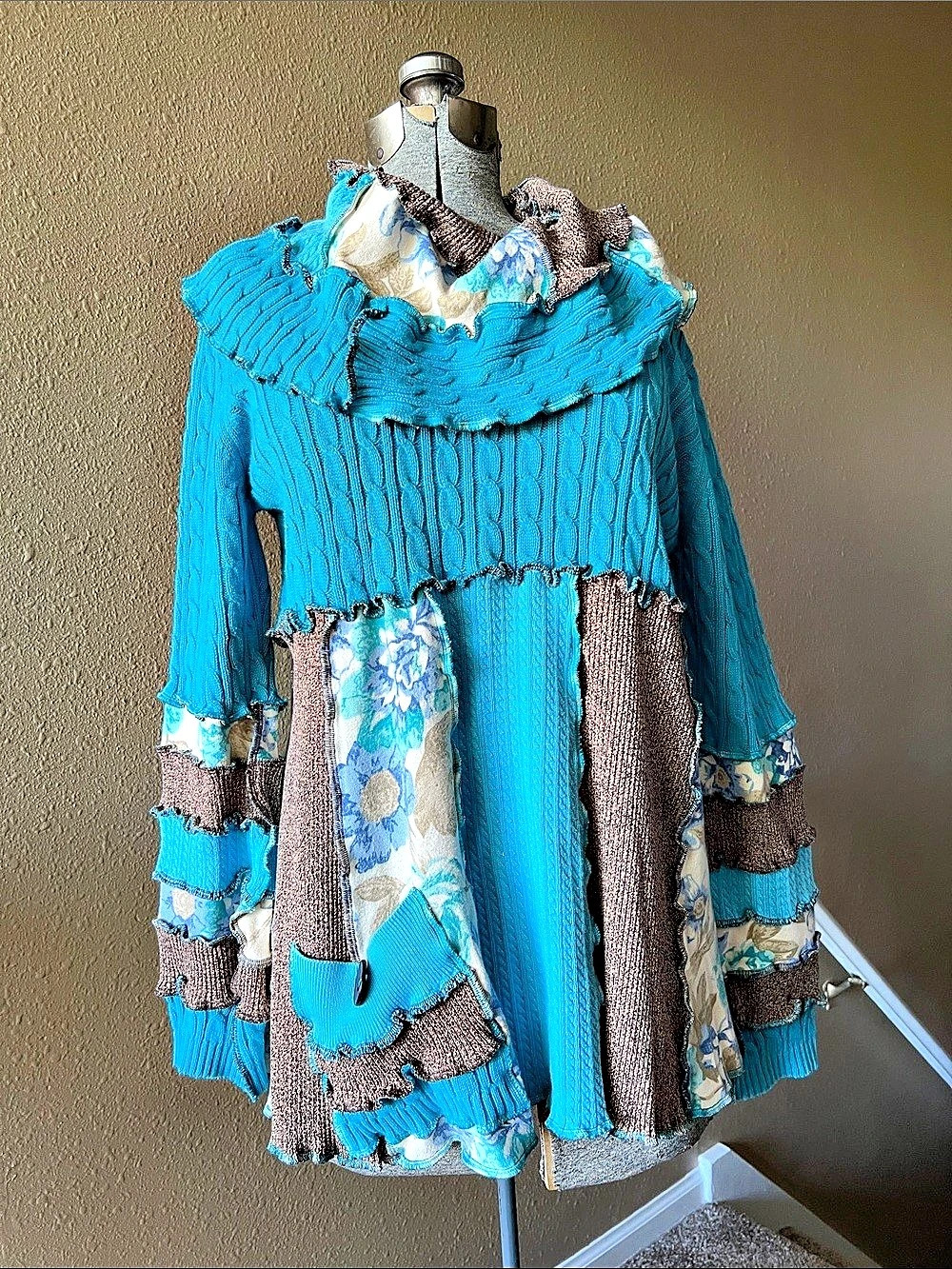 Thankful Rose Patchwork Floral Knit Sweater in Blue & Brown
